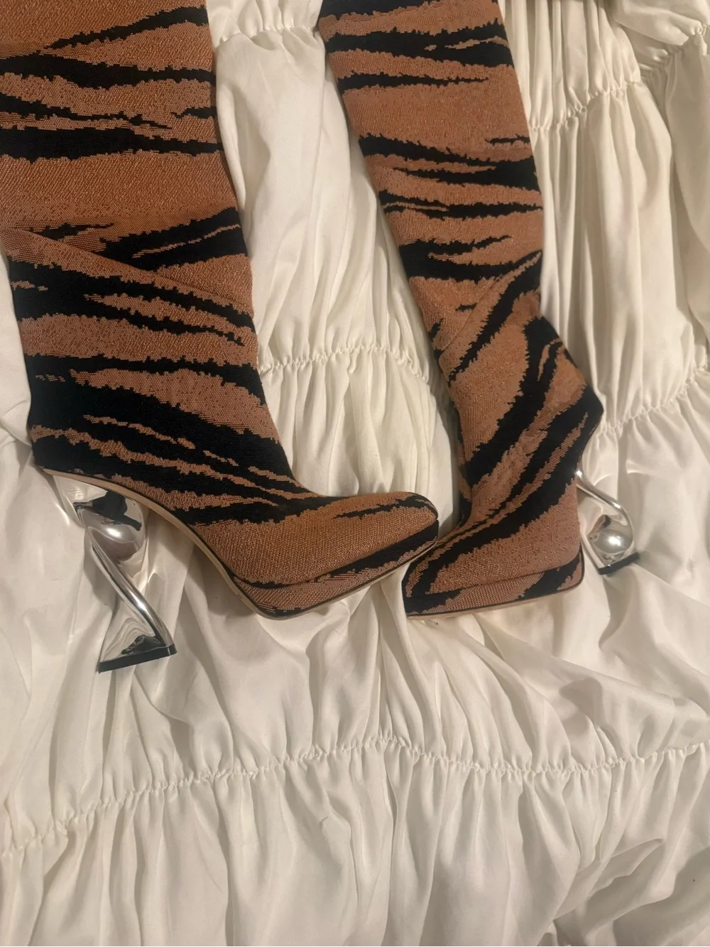 Brandon Maxwell Jacquard Brown and Black Tiger-Stripe Over-the-Knee Boots